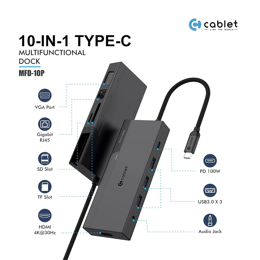 CABLET TYPE-C HUB DOCK 10 IN 1 (USB | HDMI | VGA | LAN | SD | TFT | TYPE-C | AUDIO) view 2